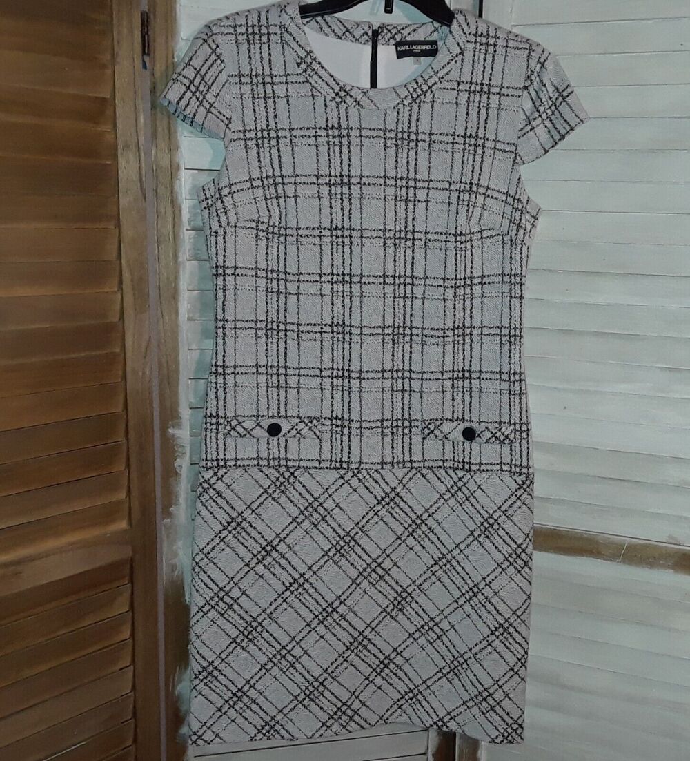 KARL LAGERFIELD PARIS DRESS Size 4 Tweed Black/Gray Lined Faux Pockets